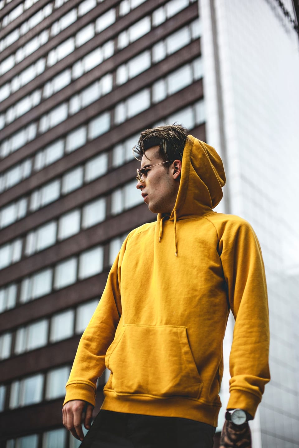 Portrait against a building
